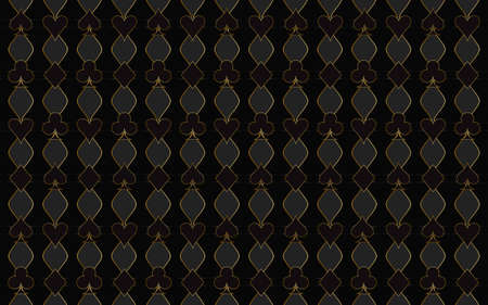 Geometric trendy black background with golden lines with a pattern of symbols of the card suit - clubs, tambourines, spades, hearts. Vector graphics for design, wallpaper, business cards, websites.のイラスト素材