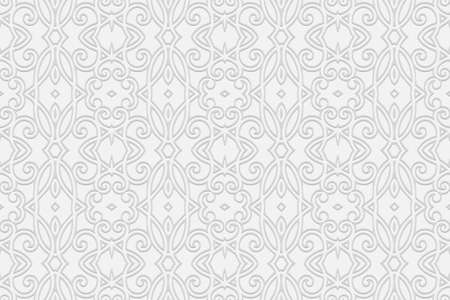3d volumetric convex geometric white background. Ethnic embossed abstract decorative ornament based on traditional Islamic pattern Design for presentations, websites, textiles, coloring.のイラスト素材