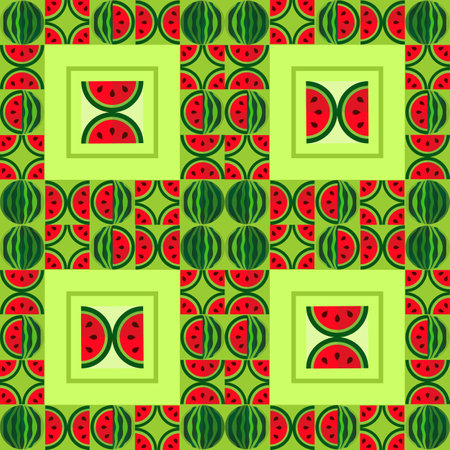 Seamless pattern of ornament of watermelons and its slices on a green background. Vector graphic.のイラスト素材