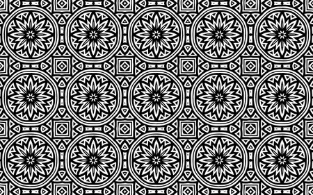 Ethnic black white pattern of geometric shapes, intertwined lines and exotic flowers in Mexican, African, Native American style.Vector graphics for design and decor, wallpapers, business cards.のイラスト素材