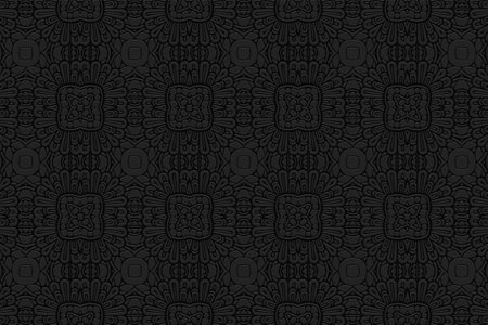 Geometric volumetric convex trendy curly black background. Ethnic African, Mexican, Native American motives. 3d relief pattern. Abstract style for design and decoration.のイラスト素材