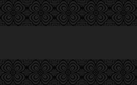 Complex volumetric convex pattern 3d with large flowers. Ethnic geometric embossed black background with horizontal inserts for wallpaper, presentations, websites.のイラスト素材
