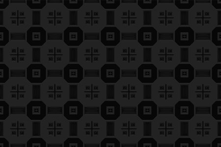 3D volumetric convex embossed black background. Ethnic geometric style. Original creative curly pattern for wallpapers, presentations, textiles, websites, coloring, wrapping paper.のイラスト素材