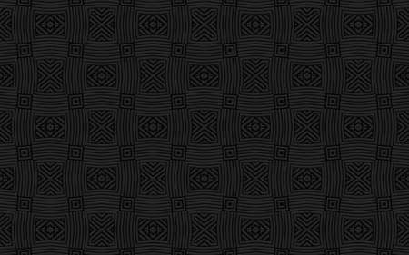 3D convex volumetric wallpaper. Ethnic pattern on black background with elements of geometric ornament Design with a variety of shapes for business cards, presentations, websites, textiles.のイラスト素材