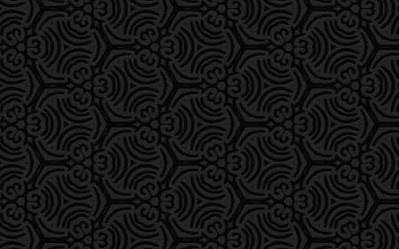 Geometric 3D convex volumetric abstraction. Black background of simple patterns, curls and lines for presentations, wallpaper. Ethnic embossed texture.のイラスト素材