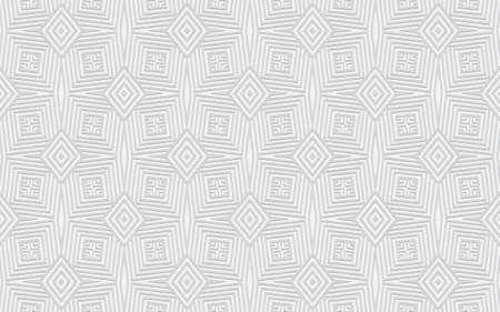 3D convex volumetric wallpaper. Ethnic geometric pattern on a white background with exotic oriental ornaments. Design and decor for presentations, business cards, textiles, wrapping paper.のイラスト素材