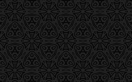 Geometric 3D convex volumetric abstraction. Black background in the style of hand made from simple patterns for presentations, wallpaper. Ethnic relief texture of the peoples of Mexico, Africa, Aztec.のイラスト素材