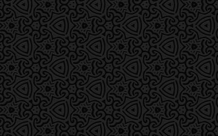 Geometric 3D convex volumetric abstraction. Original black background of simple patterns, curls and lines in African, Mexican, Indian style. Ethnic relief texture.のイラスト素材