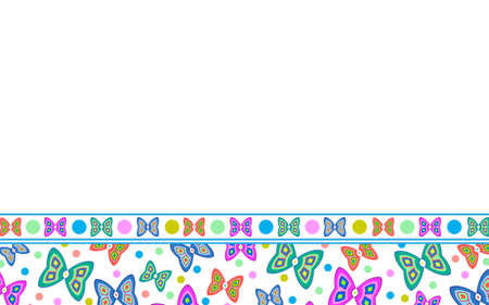 White background with an ornament of multicolored butterflies. Vector graphics for the site, postcards.のイラスト素材