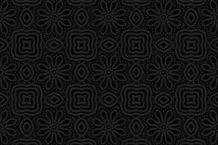 3d volumetric convex embossed geometric black background. Ethnic pattern in doodling style, handmade. Oriental floral graceful ornament for wallpaper, stained glass, presentations, textiles, website.のイラスト素材