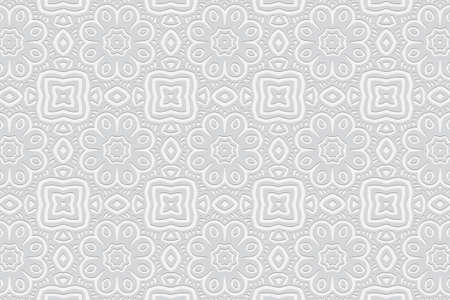 3d volumetric convex embossed geometric white background. Ethnic pattern in doodling style, handmade. Oriental floral ornament for wallpaper, stained glass, presentations, textiles, website.のイラスト素材