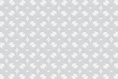3d volumetric convex embossed geometric white background. Ethnic pattern in doodling style, handmade. Figured original oriental ornament for wallpaper, stained glass, presentations, textiles, website.のイラスト素材