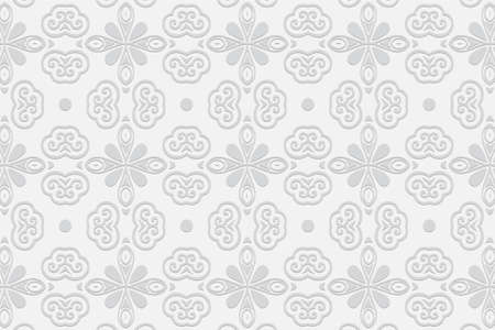 3d volumetric convex embossed geometric white background. Ethnic pattern in doodling style, oriental arabic motives. Ornament for wallpaper, stained glass, textiles, presentation, website.のイラスト素材