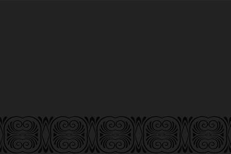 3D volumetric convex embossed geometric black background. Ethnic pattern in doodling style, oriental arabic motives. Decorative ornament with curls, horizontal inset.のイラスト素材