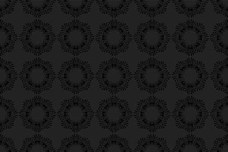 3D volumetric convex embossed geometric black background. Ethnic pattern in the style of doodling, Mexican motifs. Graceful beautiful ornament for wallpaper, presentation, textiles, website, stained gのイラスト素材
