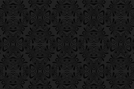 3D volumetric convex embossed geometric black background. Ethnic pattern in the style of doodling,...