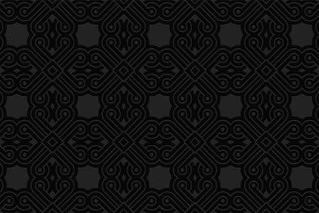 3D volumetric convex embossed geometric black background. Ethnic pattern in the style of doodling,...