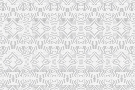 3D volumetric convex embossed geometric white background. Ethnic pattern in the style of doodling, the creativity of the peoples of the East. Classic ornament for wallpaper, website, textile.のイラスト素材