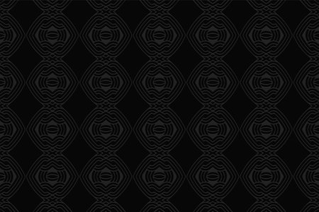 3D volumetric convex embossed geometric black background. Ethnic pattern in the style of doodling, creativity of the peoples of the East. Modern ornament for wallpaper, website, textile, presentation.のイラスト素材
