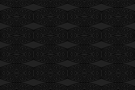 3D volumetric convex embossed geometric black background. Ethnic pattern in the style of doodling,...