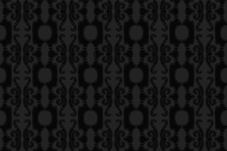 3D volumetric convex embossed geometric black background. Ethnic pattern in the style of doodling, the creativity of the peoples of the East. Beautiful ornament for wallpaper, website, textile.のイラスト素材