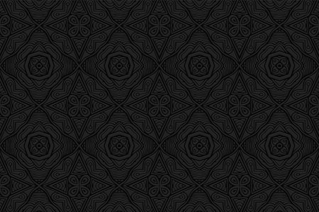 3D volumetric convex embossed geometric black background. Ethnic pattern with national oriental flavor. Beautiful unique ornament for wallpaper, website, textile, presentation, coloring.のイラスト素材