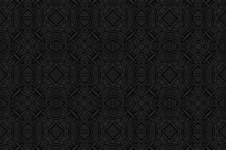 3D volumetric convex embossed geometric black background. Ethnic pattern with national Indian...