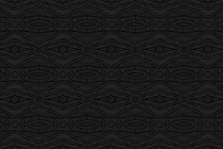 3D volumetric convex embossed geometric black background. Ethnic pattern with the exclusive national color of the peoples of India. Beautiful unique ornament for wallpaper, website, textile.のイラスト素材