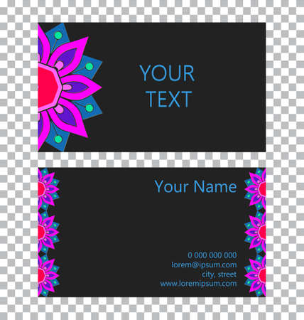 Vector template isolated business card. 3d volumetric convex embossed geometric creative flower pattern. Islam, Arabic, Indian, Ottoman motives on a black background.のイラスト素材