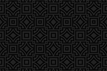 3D volumetric convex embossed geometric black background. Ethnic ornament with classic pattern in handcrafted style Islam, Arabic, Indian, Turkish, Pakistani, Chinese, ottoman motives.のイラスト素材