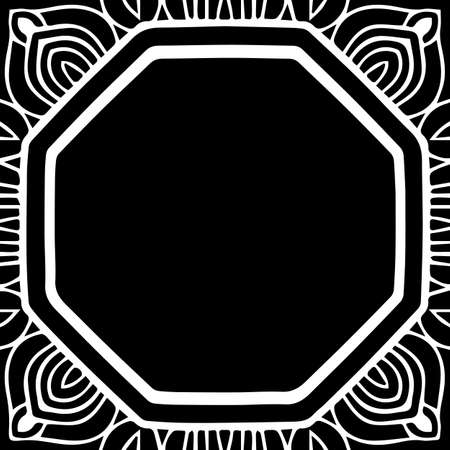 Ethnic pattern in the style of oriental, Indian handmade. Geometric isolated black white beautiful frame for text. Template for creativity, coloring, design.のイラスト素材