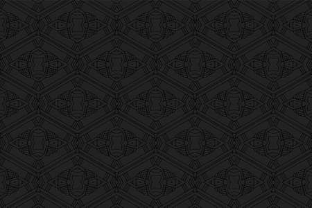 3D volumetric convex embossed black background. Ethnic oriental, asian, indian pattern with handmade...