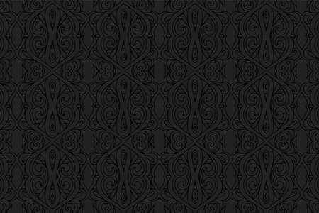 3D volumetric convex embossed geometric black background. Ethnic abstract oriental, asian, indian pattern with handmade elements, doodling technique.のイラスト素材