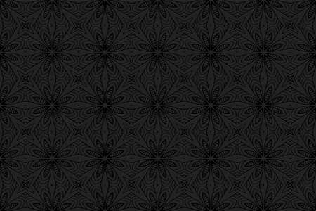 3D volumetric convex embossed geometric black background. Ethnic floral abstract oriental, asian,...