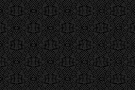 3D volumetric convex embossed geometric black background. Creative doodling technique. Ethnic oriental, asian, indian pattern with handmade elements for design and decoration.のイラスト素材