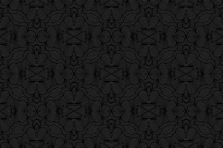 3D volumetric convex embossed geometric black background. Unique modern doodling technique. Ethnic oriental, asian, indian pattern with handmade elements for design and decoration.のイラスト素材