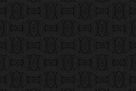 3D volumetric convex embossed geometric black background. Decorative doodling technique. Ethnic oriental, asian, indian pattern with handmade elements for design and decoration.のイラスト素材