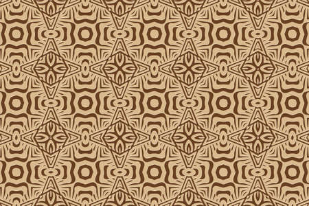 3D volumetric convex embossed geometric beige pattern on a brown background. Ethnic abstract...