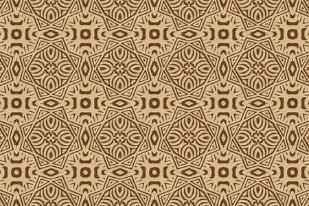 3D volumetric convex embossed geometric beige pattern on a brown background. Ethnic original...
