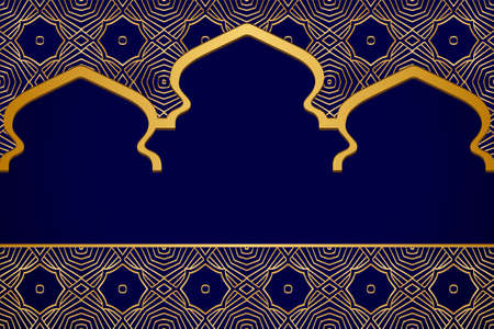 Geometric volumetric convex gold 3D pattern. Islamic design ethnic blue background with arabic relief ornament and dome of the mosque. Ramadan Kareem. Eid Mubarak greeting card.のイラスト素材