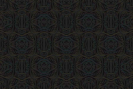 Geometric volumetric convex 3D pattern. Embossed black background in Eastern, Indian, Mexican, Aztec styles. Shiny texture with ethnic elegant ornament.のイラスト素材