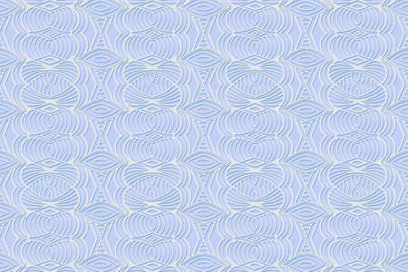 Geometric volumetric convex 3D white pattern. Embossed abstract blue background in traditional oriental, Indian style.Texture with ethnic ornament. Arabesque for design and decoration.のイラスト素材