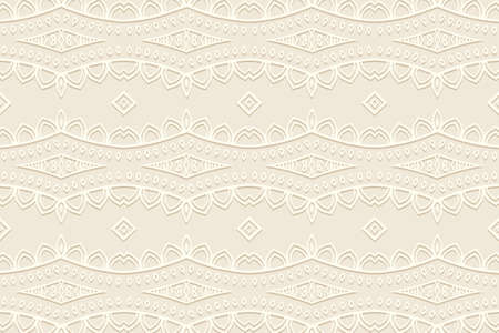 Geometric volumetric convex ethnic 3D pattern. Embossed abstract light beige background in oriental, Indonesian style. Lace texture, cut paper ornament.のイラスト素材