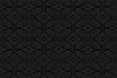 3D volumetric convex embossed geometric black background. Vintage pattern, texture in arabesque style. Ethnic art abstract oriental, asian, indonesian, mexican ornaments.のイラスト素材