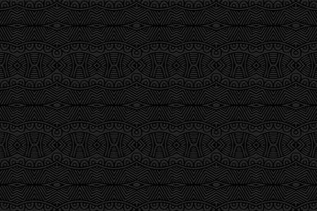 3D volumetric convex embossed geometric black background. Vintage pattern, texture in arabesque style. Ethnic artistic unique oriental, Asian, Indonesian, Mexican ornaments.のイラスト素材