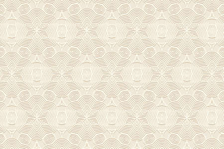 Geometric volumetric convex ethnic 3D pattern. Embossed light beige background in oriental, indonesian, mexican, aztec styles. Graceful texture, vintage ornament.のイラスト素材