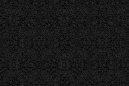 Geometric volumetric convex ethnic 3D pattern. Embossed black background in oriental, indonesian,...