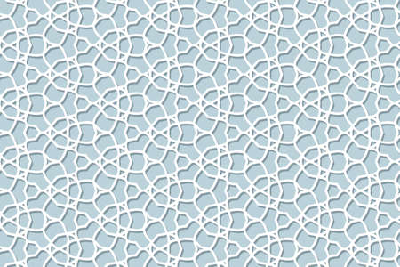 Geometric volumetric convex ethnic white 3D pattern. Embossed blue background in oriental, indonesian, asian styles. Openwork arabesque, lace texture, cut paper ornament.のイラスト素材