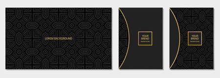 Decorative black banner, cover design set, horizontal and vertical vector template. Geometric volumetric convex ethnic 3D pattern. Oriental, Indonesian, Mexican, Aztec motives.のイラスト素材