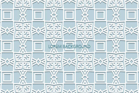 Geometric volumetric convex ethnic white 3D pattern, cover design. Embossed blue background, elegant arabesque. Cut paper effect. Oriental, Indonesian, Asian motives, lace texture.のイラスト素材
